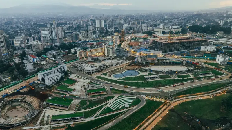 Aerial of Addis Ababa's civic centre and skyline below the highland hills
