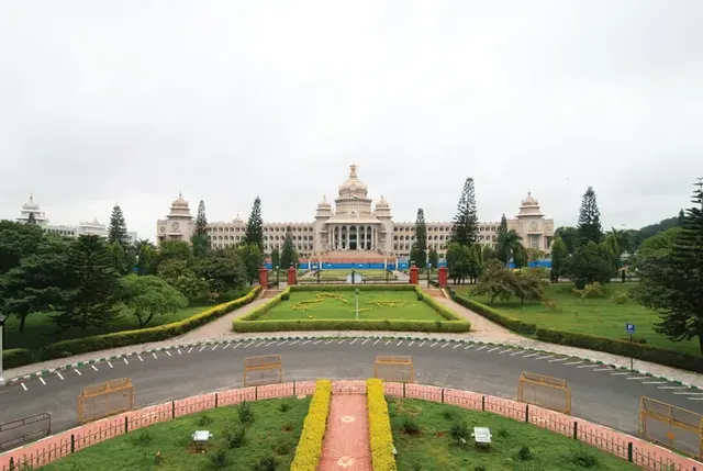 Vidhana Soudha, the Karnataka state legislature, fronted by gardens in Bengaluru