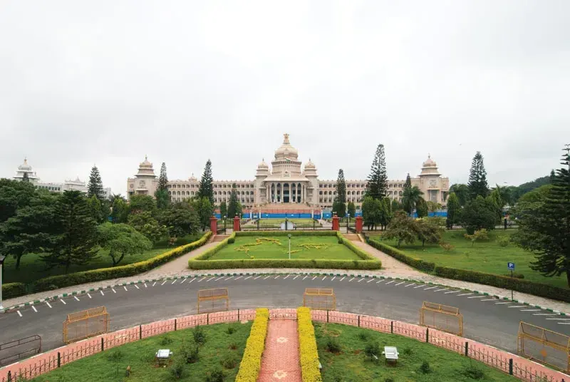 Vidhana Soudha, the Karnataka state legislature, fronted by gardens in Bengaluru