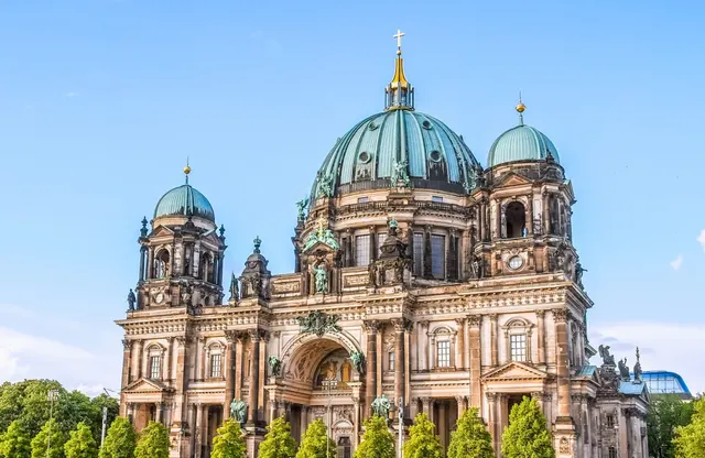 The Berliner Dom cathedral and its dome beside the River Spree in Berlin