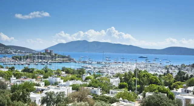 Bodrum's white houses, yacht marina and the Castle of St Peter on the bay