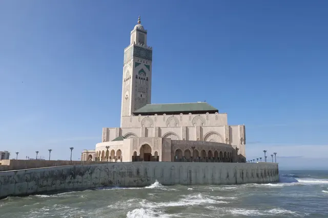 Hassan II Mosque and its minaret rising above the Atlantic in Casablanca