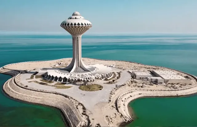 Al Khobar water tower on its Gulf island near Dammam