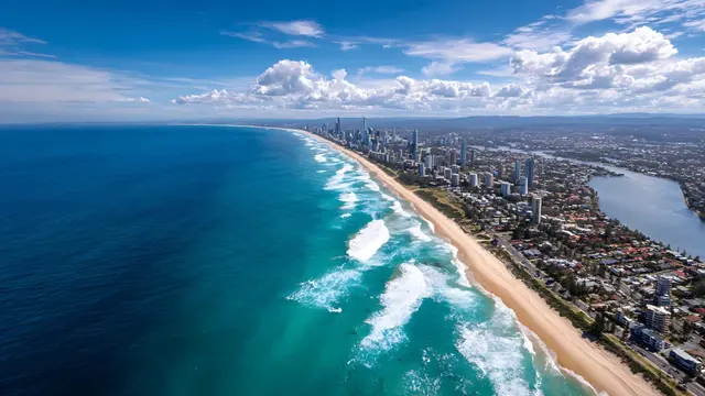 Aerial of the Gold Coast surf beach and the Surfers Paradise skyline