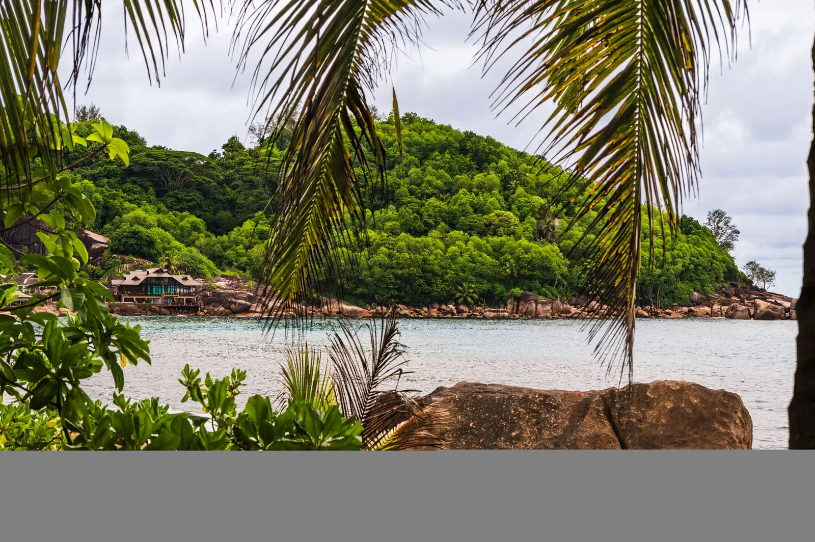 Palm-framed cove of turquoise water on Mahé