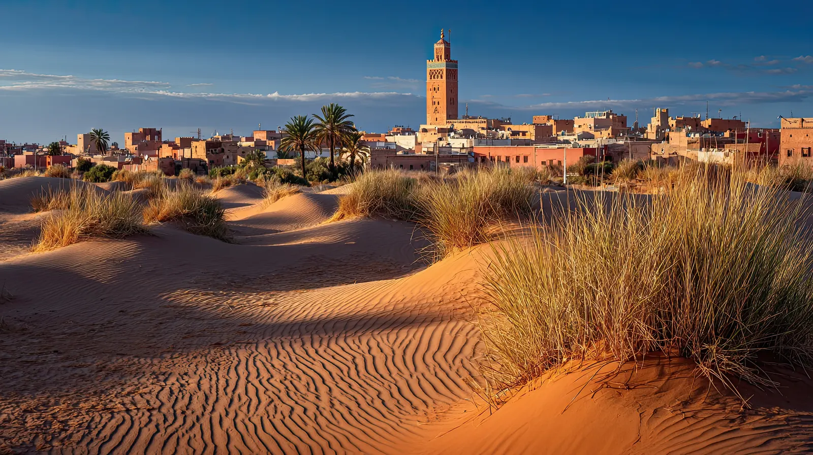 Desert sands with Marrakesh's Koutoubia Minaret beyond