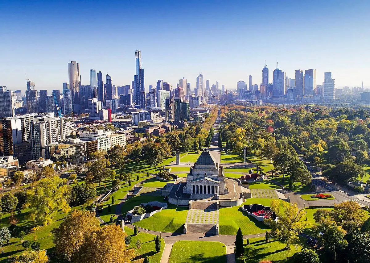 Melbourne's skyline behind the Shrine of Remembrance gardens