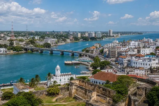 Fort Jesus above Mombasa's Old Town, tidal creek and harbour bridge