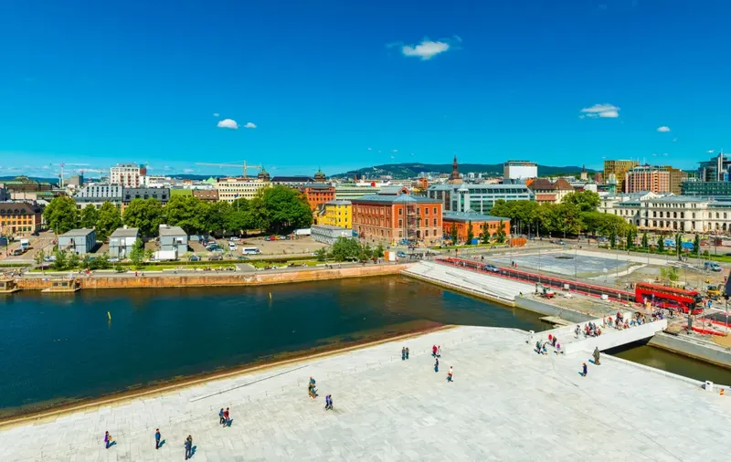 Oslo Opera House's white marble roof sloping down to the harbour