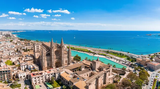 Palma Cathedral and the seafront from above