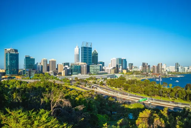 Perth's skyline and the Swan River viewed from Kings Park under a clear blue sky