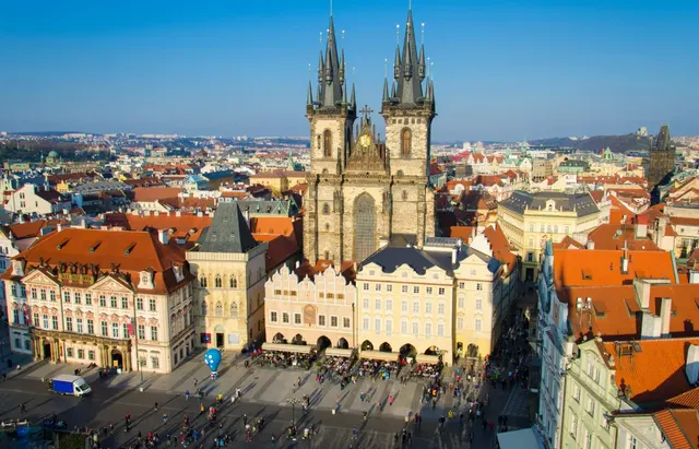 Twin Gothic spires of the Tyn Church over Prague's Old Town Square
