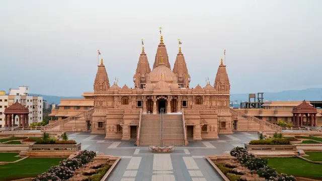 BAPS Shri Swaminarayan Mandir, a carved sandstone temple with gardens in Pune