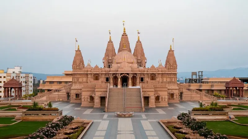 BAPS Shri Swaminarayan Mandir, a carved sandstone temple with gardens in Pune