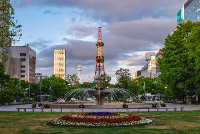 Sapporo TV Tower over the fountains of Odori Park