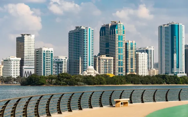 Al Majaz waterfront promenade and skyline towers in Sharjah