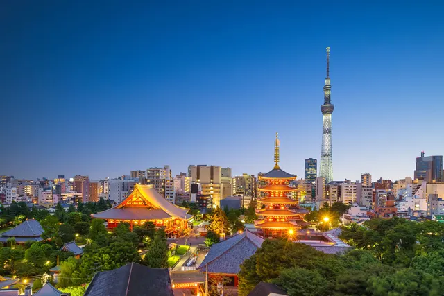 Tokyo Skytree and the Asakusa pagoda at dusk