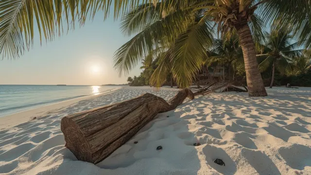 White-sand beach with palms and driftwood on Zanzibar