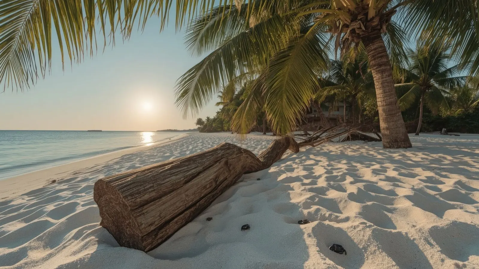 White-sand beach with palms and driftwood on Zanzibar