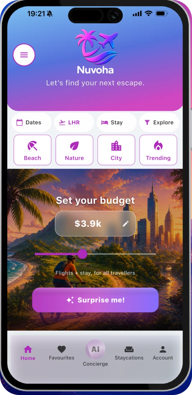 The Nuvoha home screen, where you set your travel budget with a slider.