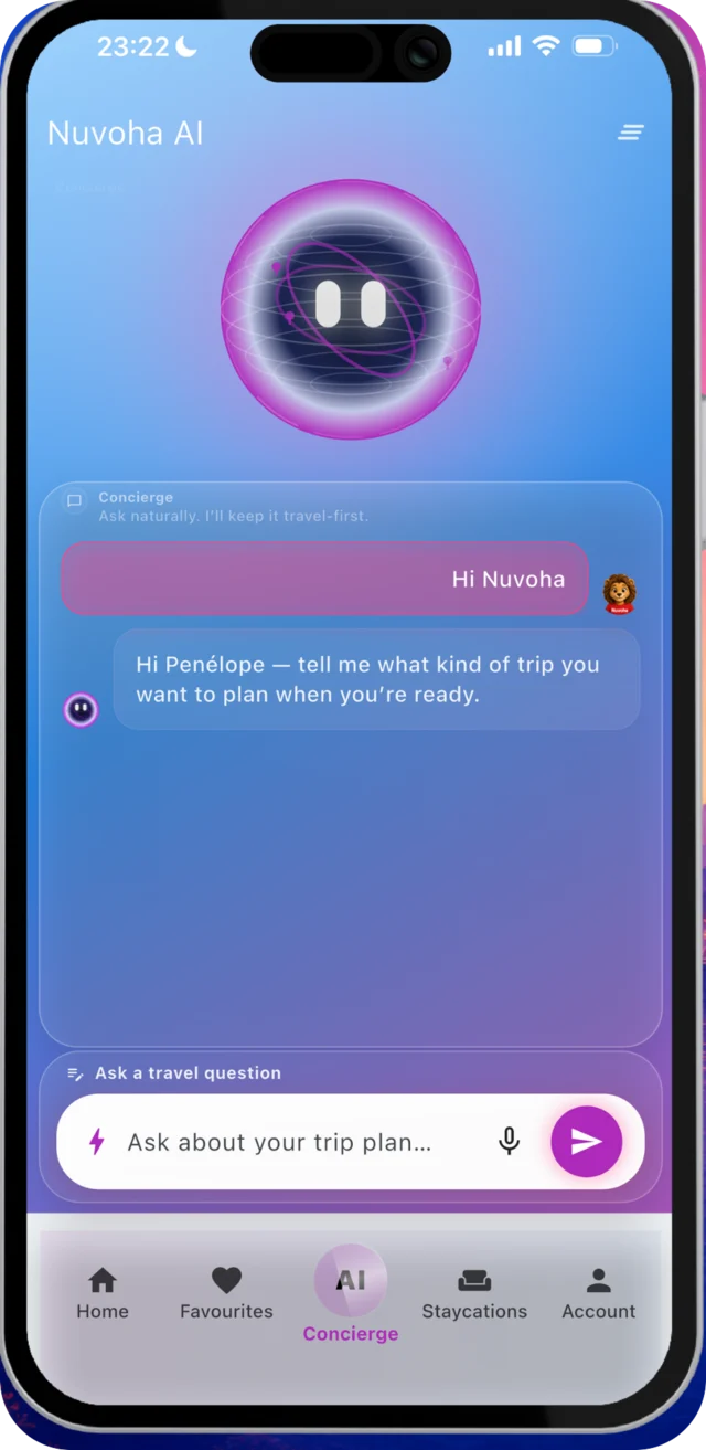 The Nuvoha AI concierge chat, ready to help plan a trip in plain language.