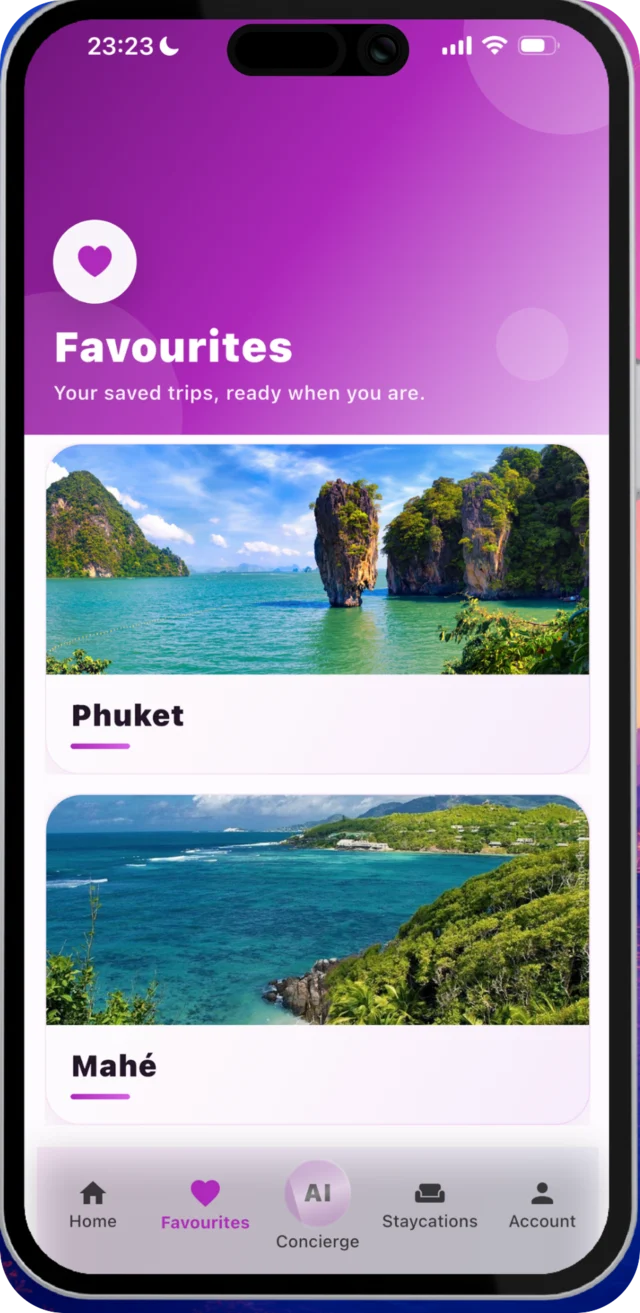 The Nuvoha favourites screen with saved trip ideas kept in one place.