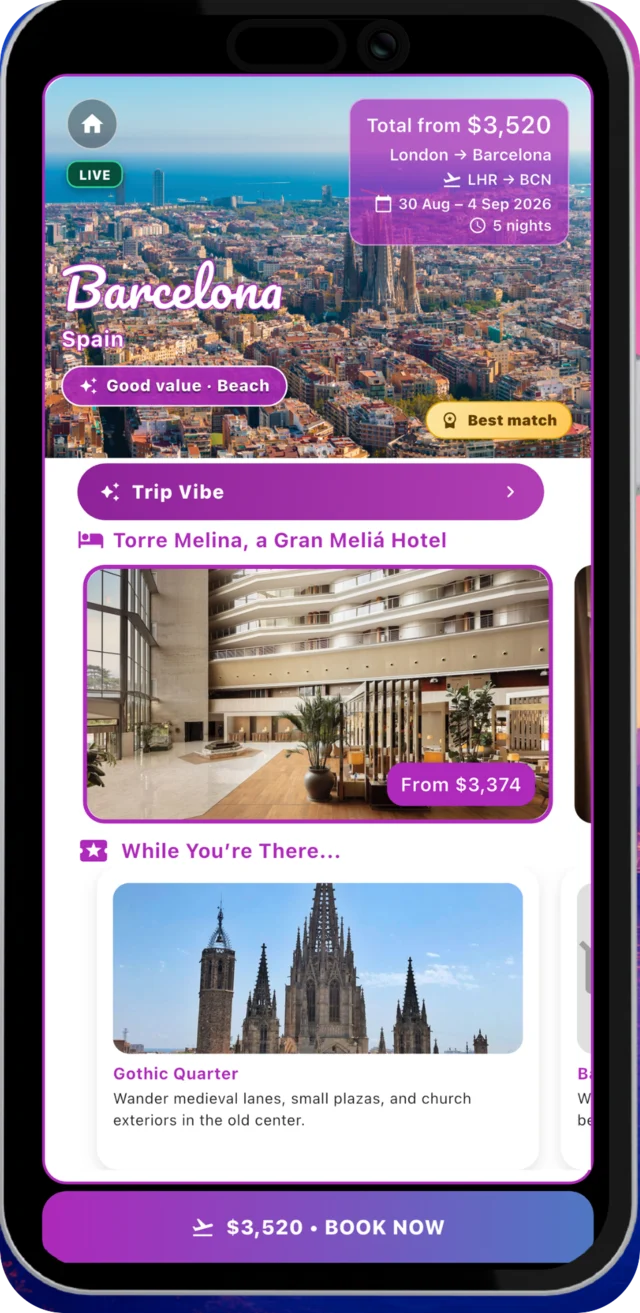 A Nuvoha trip card showing a complete Barcelona trip with the flights and hotel together.